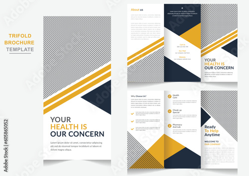 Healthcare center promotional tri fold brochure vector Modern hospital advertisement posterfor digital marketing.