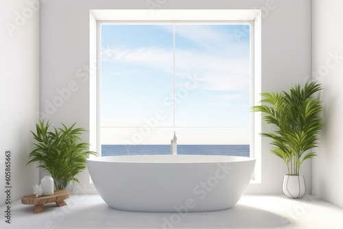 serene bathroom with a white bathtub placed next to a window Generative AI