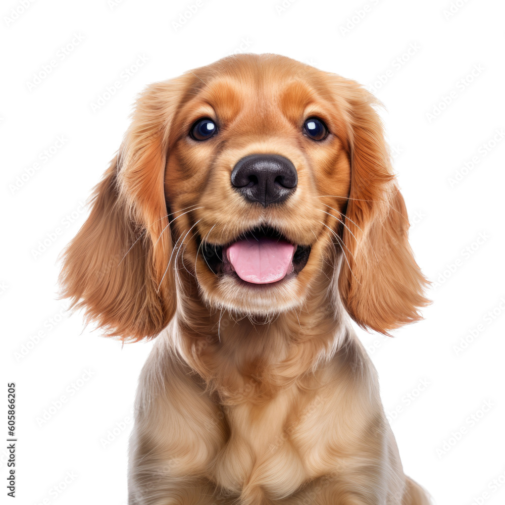 a Cocker Spaniel puppy, Portrait, happy, smiling and healthy, Pet-themed, photorealistic illustrations in a PNG, cutout, and isolated. Generative AI