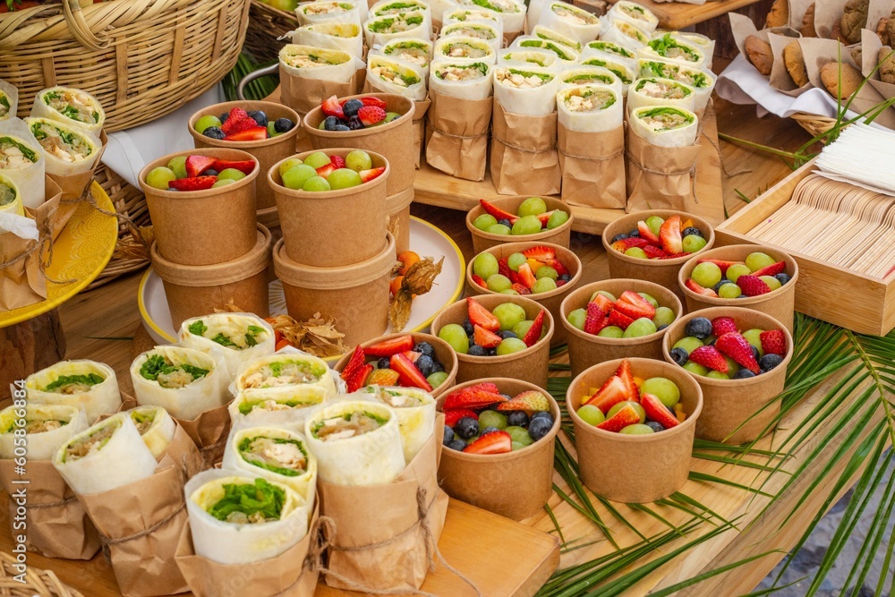 Fototapeta premium Fruits and healthy food catering in a table