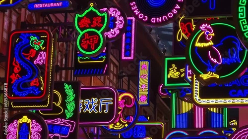 Footage of the various Chinese neon signboards. Concept