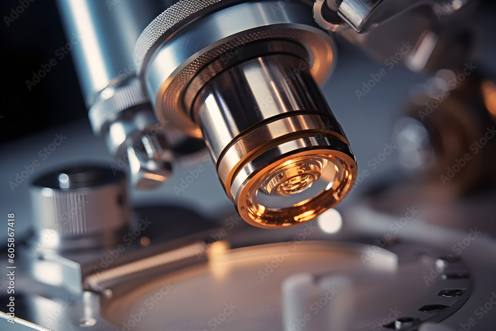 Close-up of a microscope with a metal lens. Close-up of a microscope with a metal lens.
