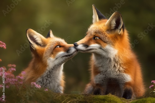two foxes standing side by side in a forest setting Generative AI