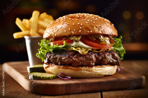 studio photo of a hamburger and fries on a wooden table