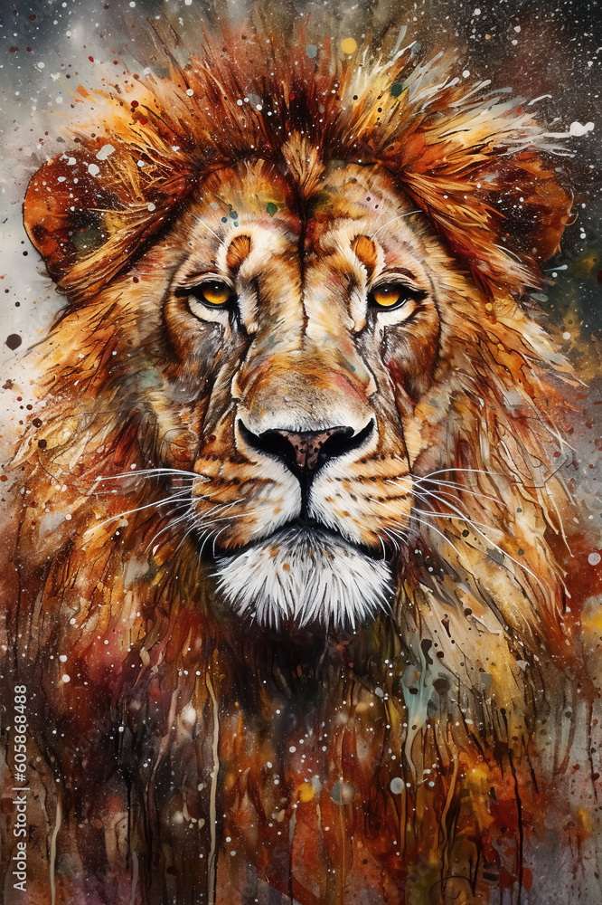 Abstract Lion Watercolor Painting. AI generated Illustration.