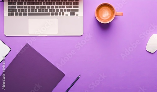 Flat lay of a workplace desk with copy space for text on colorful background. Generative Ai illustration