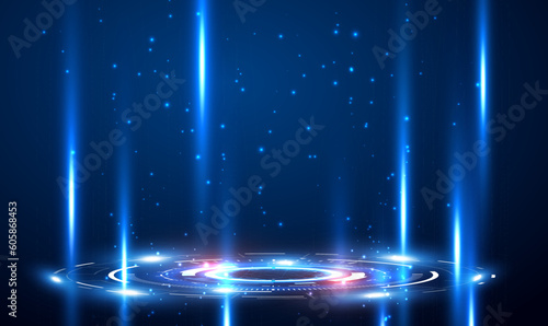 Portal and hologram science futuristic stage. Magic circle teleport podium. Sci-fi digital hi-tech in glowing HUD projector. Magic gate in game fantasy. GUI and UI virtual reality 3D. Vector EPS10.