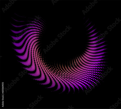 Dotted halftone swirl frame with neon gradient fill on a dark background. Vector.