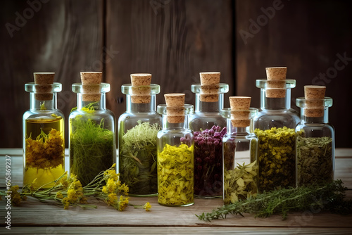  Bottles with tinctures or infusions of healthy herbs and medicinal plants on wooden board. herbs. 