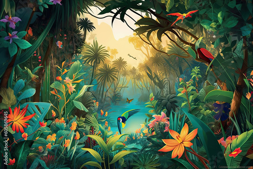 Obraz na plátne Tropical jungle background, Amazon forest, wildlife, animal, waterfall, exotic b