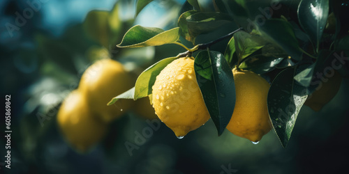 Fresh ripe lemons hanging on a lemon tree branch in sunny garden. Generative ai background, copy space
