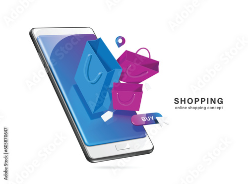 purple, blue, shopping bag and buy icon floating on smartphone screen
