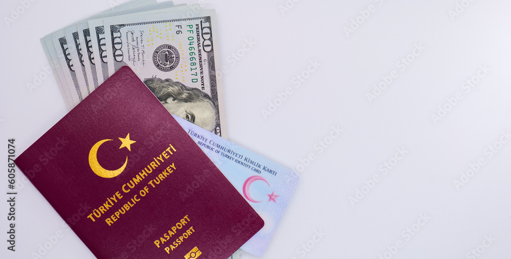passport and identity card republic of turkey with usd dollars on white passport and identity card republic of turkey with usd dollars on white