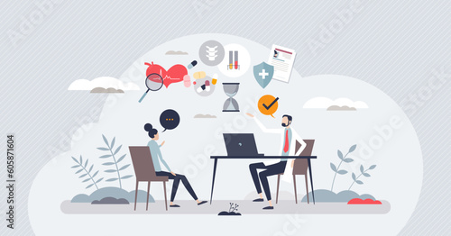 Health literacy and medical education to understand body healthcare tiny person concept. Information knowledge about disease diagnosis, reasons, treatments and prescription usage vector illustration.