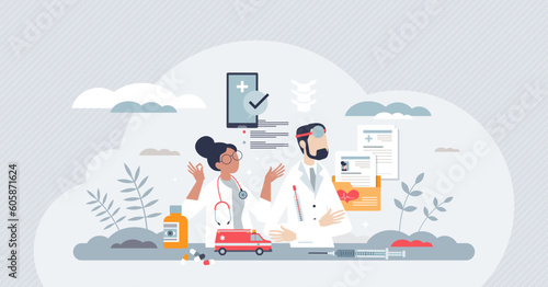 Care coordination and medical health therapy organization tiny person concept. Medicine system with nurse and doctor teamwork for effective patient treatment and complex approach vector illustration.