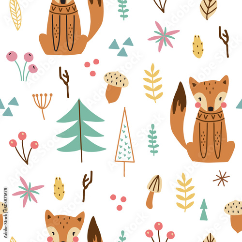 Semless woodland pattern with cute foxes and hand drawn elements. Scandinaviann style childish texture for fabric, textile, apparel, nursery decoration. Vector illustration