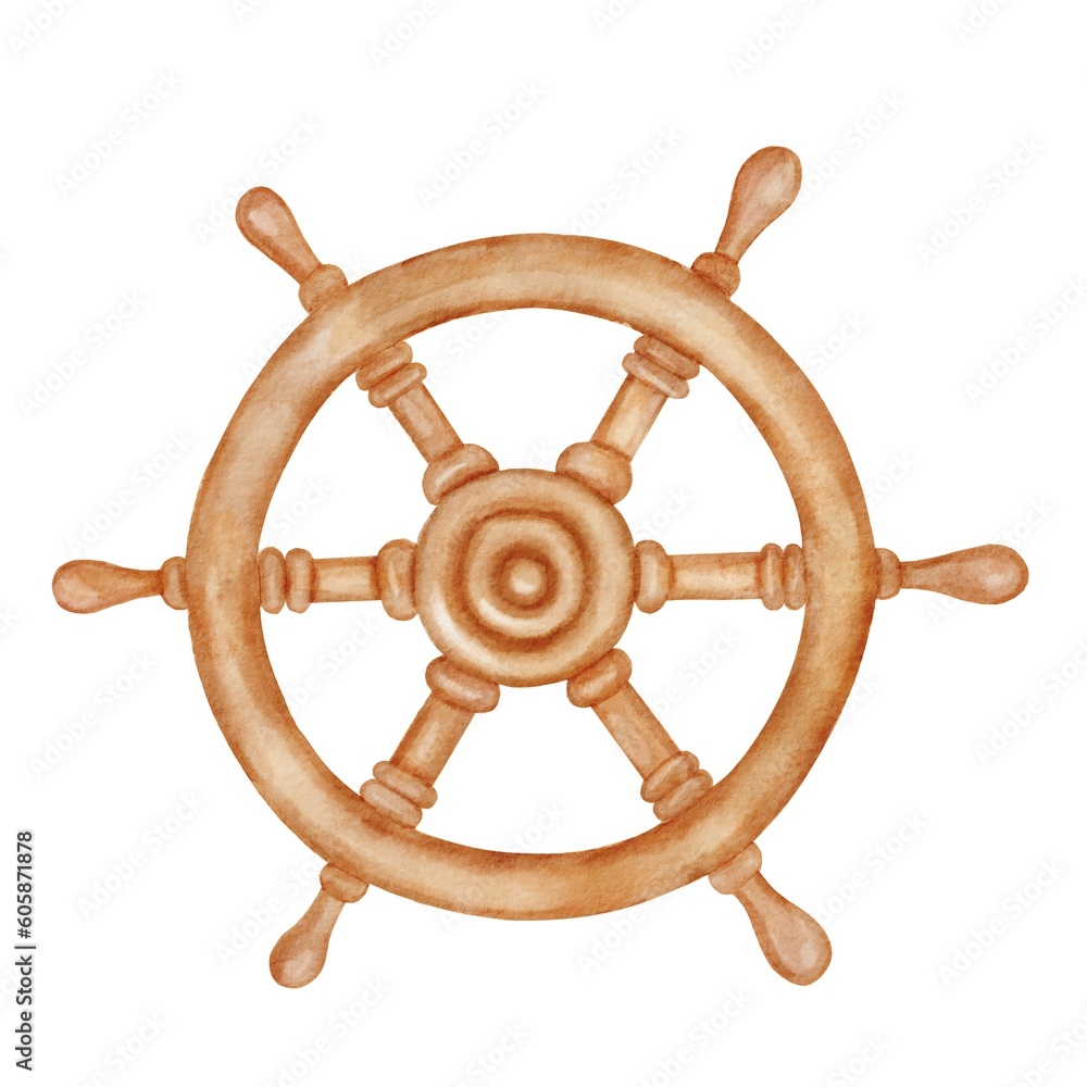 Nautical steering wheel. Sea vintage marine item isolated on white background. Watercolor drawing.