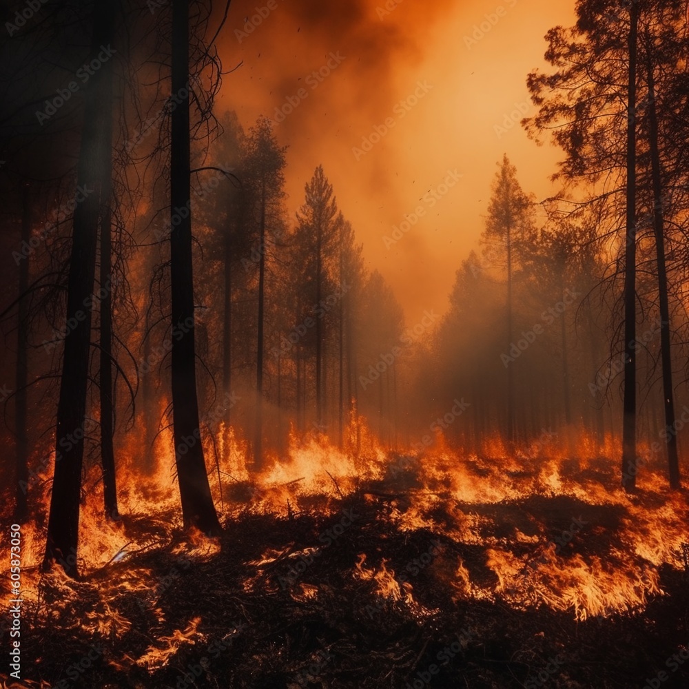 Global warming causes forest fires created with Generative AI technology Global warming causes forest fires created with Generative AI technology