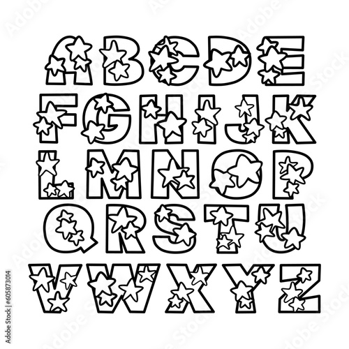 Cute Decorative Font Alphabet with Stars, Vector Letters for Coloring.