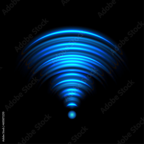 Wi-Fi light effect, Blue glowing signal sensor waves internet wireless connection. Wireless technology digital radar or sonar with glowing light effect. Vector
