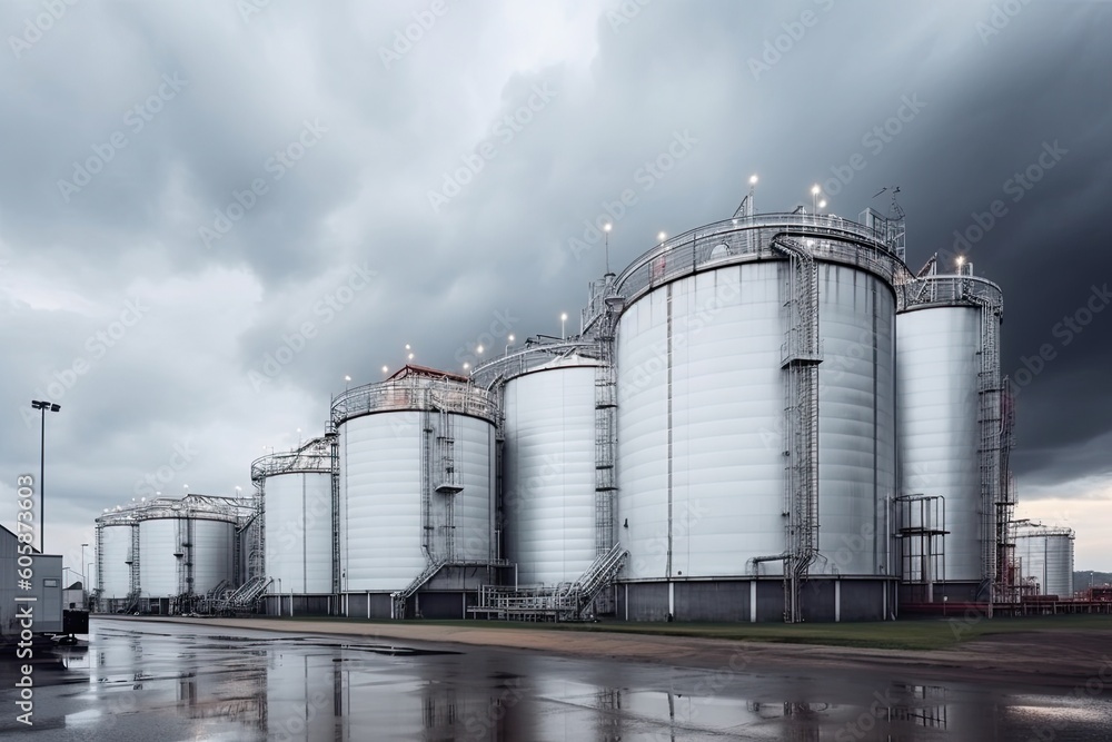 modern petrochemical plant with reactors and converters under heavy sky with copyspace