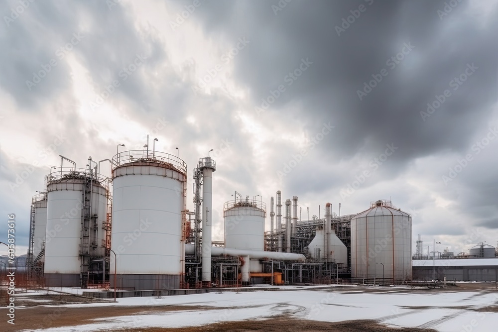 Obraz premium modern petrochemical plant with reactors and converters under heavy sky with copyspace