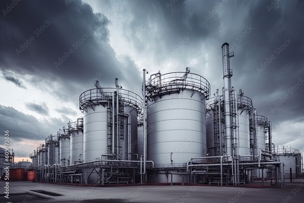 Obraz premium modern petrochemical plant with reactors and converters under heavy sky with copyspace