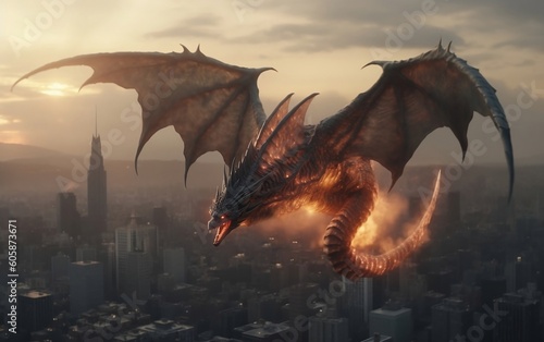 Scary dragon is flying over a sunset city in the background created with Generative AI technology