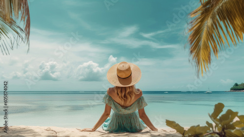 A woman from behind sits on a tropical beach in her blue dress with a straw hat and looks at the sea. Concept motif on the theme of vacation, travel and recreation.
