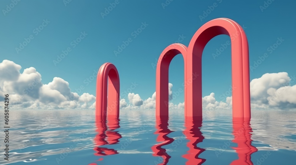 3d render, surreal seascape with red arches and white clouds in the blue sky. Modern minimal abstract background with simple geometric shapes and, Generative AI 3d render, surreal seascape with red arches and white clouds in the blue sky. Modern minimal abstract background with simple geometric shapes and, Generative AI