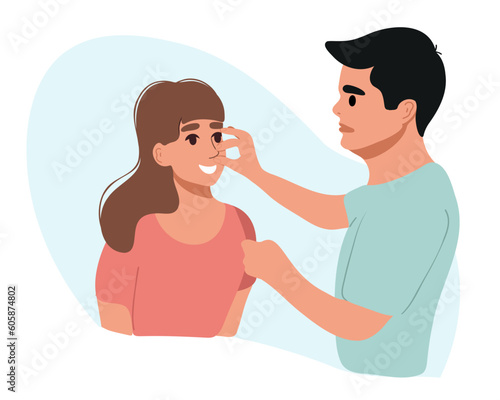The doctor advises examining the nose before rhinoplasty. ENT doctor touching nose and consulting female patient in medical clinic before septoplasty operation