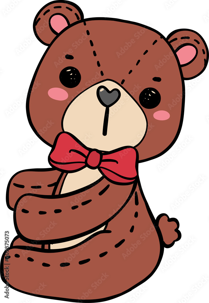 Cute classic Teddy Bear wear red bow doodle hand drawing cartoon character Cute classic Teddy Bear wear red bow doodle hand drawing cartoon character