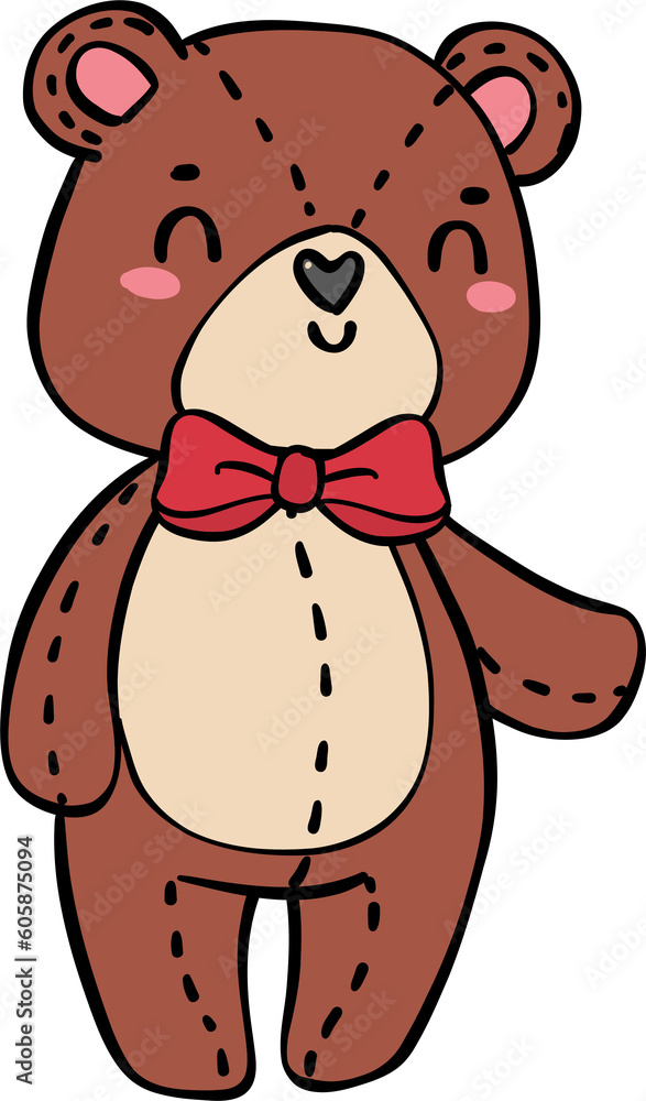 Obraz premium Cute classic Teddy Bear wear red bow doodle hand drawing cartoon character