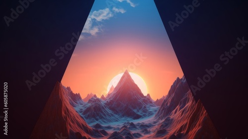 3d render  abstract futuristic landscape  panoramic background. Rocky mountains under the sunset sky  geometric triangular portal. Fantastic aesthetic  Generative AI