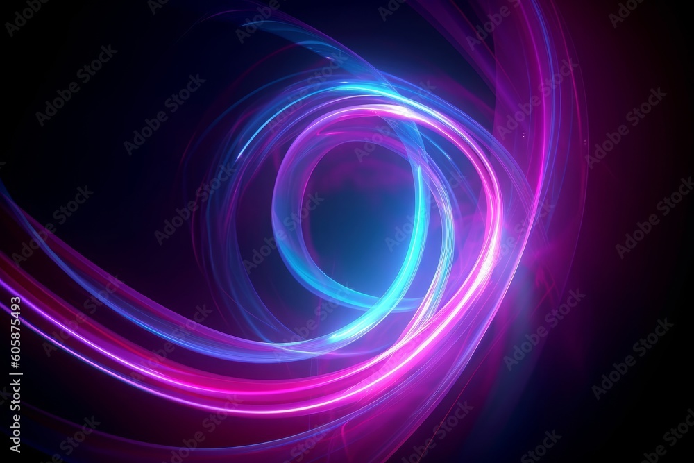 3d render, abstract neon background with glowing pink blue curvy lines, vivid spiral vortex. Fantastic energy wallpaper, Generative AI