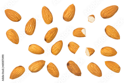 Almonds isolated on white background. top view
