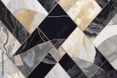 abstract marble mosaic background, art deco wallpaper, artificial stone texture, black white gold marbled tile, geometrical fashion marbling, Generative AI