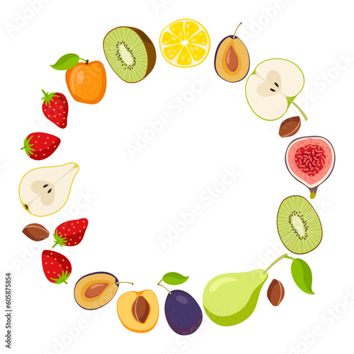 Fruits frame. Round fruit border with copy space isolated on white background. Summer design For poster  banner  cover  invitation  packaging design  branding. Summer Fresh healthy fruits and berries.
