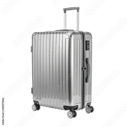 Silver luggage ready for travel. Suitcase isolated on transparent background. Travel luggage elements. Generative AI