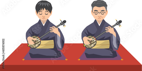 Cuadro en lienzo さんしんを座って弾いている男性2人のイメージイラスト（地謡）