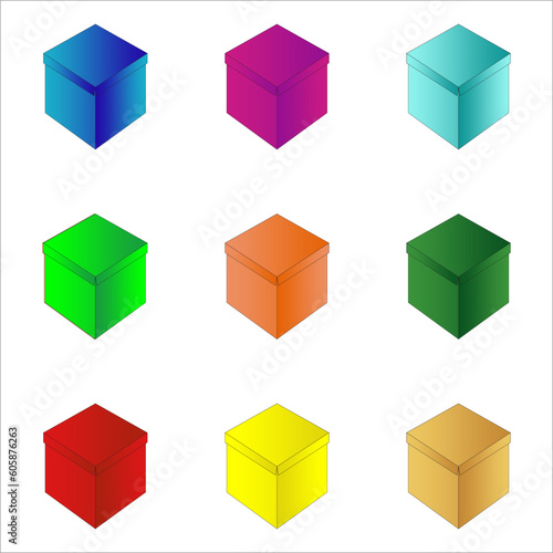 Boxes set. Collection of colorful closed warehouse cardboard boxes. Color drawing of a package. Paper cube vector illustration isolated on white. Empty packaging cube design.