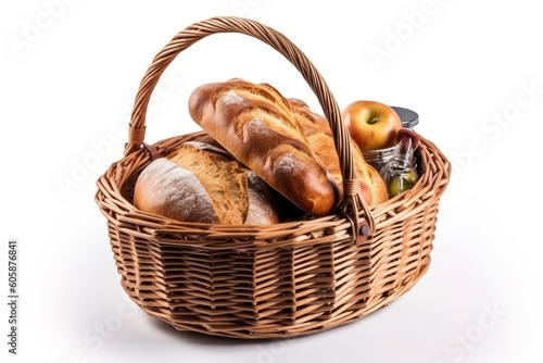 A filled picnic basket isolated on a transparent or white background. Generative AI