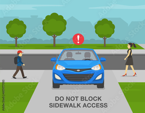 Outdoor parking rules and tips. Do not block sidewalk access when parking. Incorrect parked car in the driveway. Flat vector illustration template.
