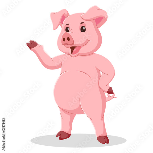Cute pig cartoon presenting. Happy pig cartoon character isolated on white background. Vector illustration