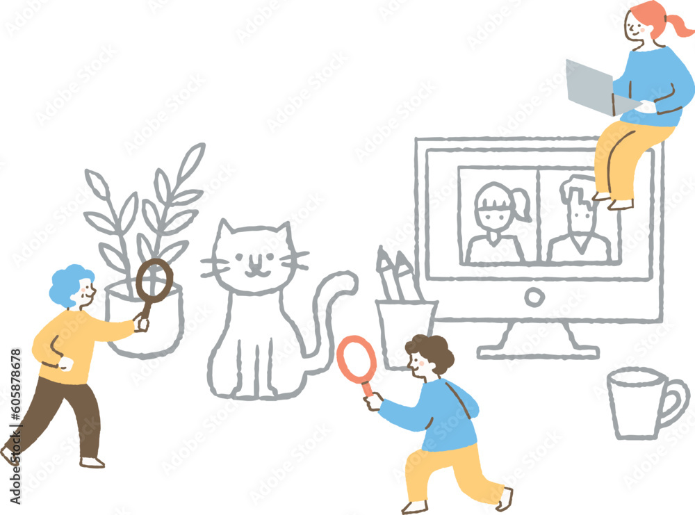 Naklejka premium 猫とパソコンとコーヒーカップと男女3人