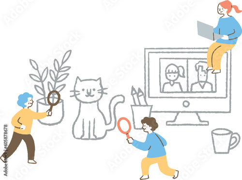 猫とパソコンとコーヒーカップと男女3人