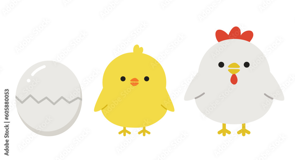 卵から成長するかわいいニワトリとヒヨコの全身イラスト 卵から成長するかわいいニワトリとヒヨコの全身イラスト