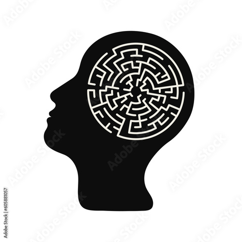 Black silhouette of human head with labyrinth inside. Concept of mental health, care, wellness, answer search, problem solutions. For psychological, psychiatric therapy, support, service design
