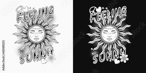 Label with sun with face, beads, heart, chamomile, text. Concept of harmony and balance. Mythological faitytale solar sign. For clothing, apparel, T-shirts, surface decoration. Groovy, hippie style