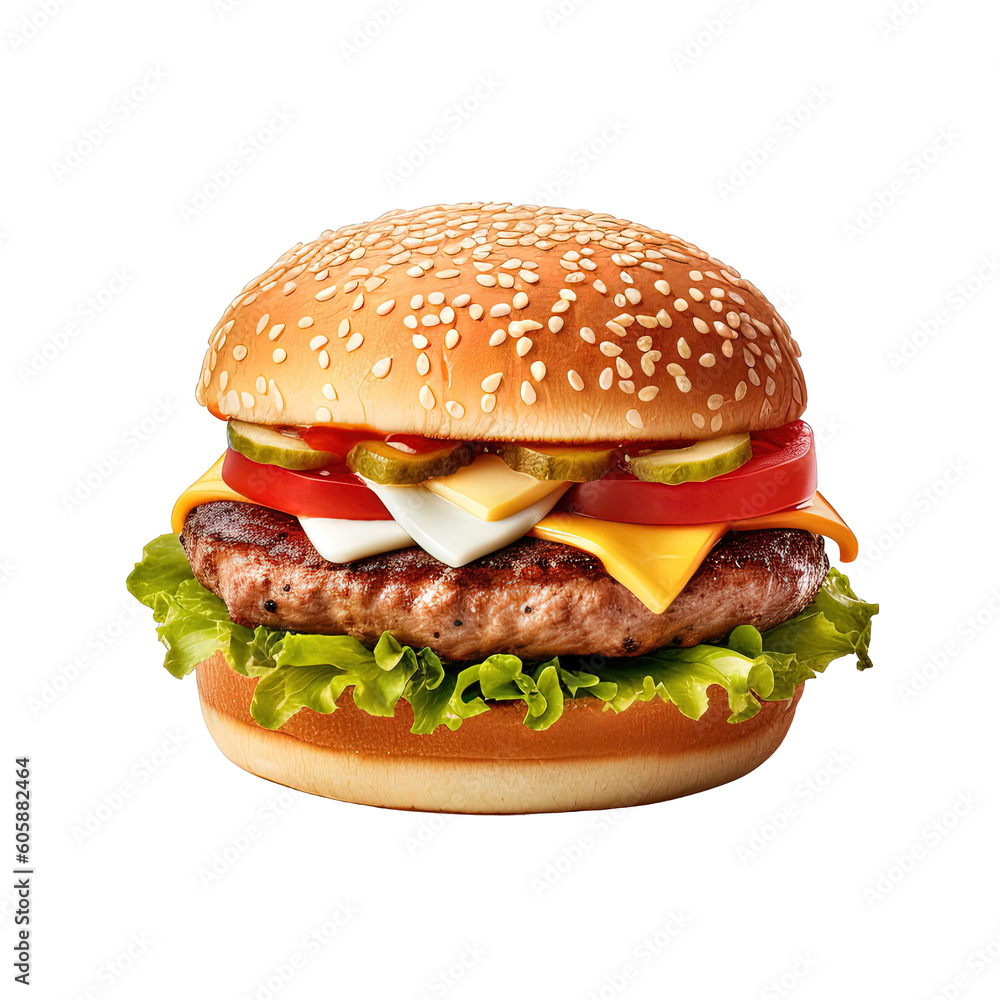 Delicious burger isolated on transparent background. Created with Generative AI Technology Delicious burger isolated on transparent background. Created with Generative AI Technology